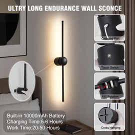 Vitnucrol Battery Operated Wall Sconce Set of Two, Wireless Battery Powered LED Wall Lights with Remote, 360°Rotation, Rechargeable, Dimmable,Black Modern Cordless Wall Lamp for Living Room Bedroom