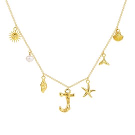 SLOONG Initial Charm Necklace 14K Gold Plated Letter Neckalce Freshwater Pearl Necklace Choker Boho Summer Seashell Beach Starfish Surfer Jewelry Gifts for Women J