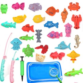 Bath Toys for 3+ Year Olds, Fishing Game for Kids, Kids Fishing Rod with 25 Double-Sided Fish, Toy Fishing Rod, Pool Party & Educational Activity (Includes Inflatable Pool, Fishing Net, Air Pump)