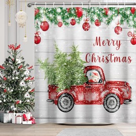 DASHAN Christmas Shower Curtain Red Truck with Pine Trees Shower Curtains for Bathroom Decorations Xmas Balls Bathroom Curtain Snow Winter Holiday Waterproof Fabric Bath Curtain 72"x72"