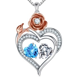 Iefil March April Birthstone Pendant Necklace Jewelry, Anniversary Birthday Gift for Her Women Wife Couple Blue Aquamarine Necklace White Topaz Necklaces