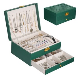 YOCOLE Jewellery Box, 2 Tier Jewellery Storage, Travel PU Leather, Jewellery Organisers for Rings, Earrings, Necklaces and Watches, with Lock and Key, Dark Green