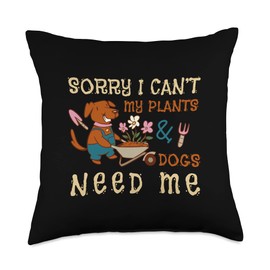 Raised garden bed and gardening tools lover My Plants and Dog Need me Digging Gardening Throw Pillow, 18x18, Multicolor