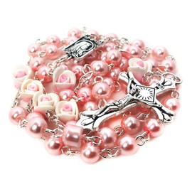 Angelic Pink Rose Rosary Beads Catholic for Women - Catholic Gifts - Rosary Necklace for Women