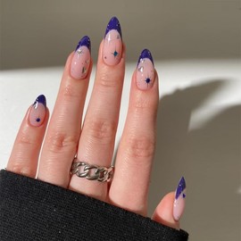 French Tip Press on Nails Medium Almond Fake Nails Blue Star False Nails Press on Glossy Acrylic Nails with Designs Rhinestone Artificial Nails Star Full Cover Glue on Nails for Women Girls Manicure