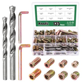 Keadic 135Pcs 1/4"-20 5/16"-18 Nut Inserts Kit with 9/11mm Twist Drill Bits & M6/8 Internal Hex Tool, Furniture Screw in Nut Threaded Wood Insert Bolt Fastener Connector Hex Socket Drive for Furniture
