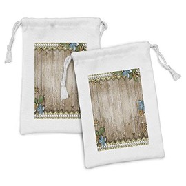 Lunarable Pearls Fabric Pouch Set of 2, Rustic Wooden Planks Backdrop Flowers Pearls Lace Old Vintage Style Image Print, Small Drawstring Bag for Toiletries Masks and Favors, 9" x 6", Beige Blue