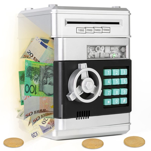 Ltteaoy Electronic Money Box Safe Coin Money Safe Children ATM Coin Banks with Password Protection, Automatic Paper Money Roll, Birthday Gifts for 3-12 Years Girls Boys (Silver)