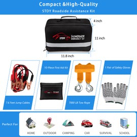 Car Roadside Emergency Kit, Auto Vehicle Truck Safety Emergency Road Side Assistance Kits with Jumper Cables, Car Vacuum, Tow Rope, Reflective Triangle