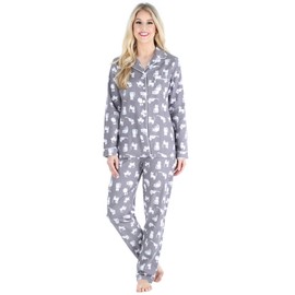 PajamaMania Women's Cotton Flannel Long Sleeve Button-Down Pajamas PJ Set, Grey Cats, X-Large