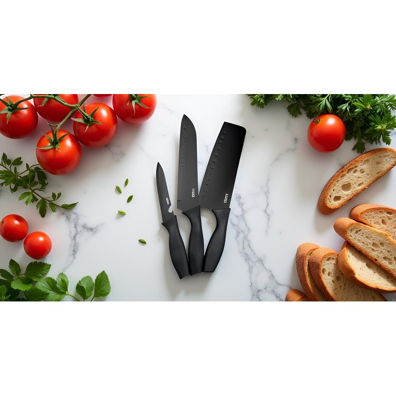 professional kitchen knife set with scissors - 3-piece black knives