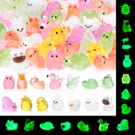 GGSTDDUP 98pcs Luminous Mini Resin Animals, Mini Duck Axolotl Flamingo Cow Pig Cat Chicken Rabbit Sheep Dinosaur Butterfly Turtle Capybara Snail, Glow in The Dark for Landscape Dollhouse Fairy Garden