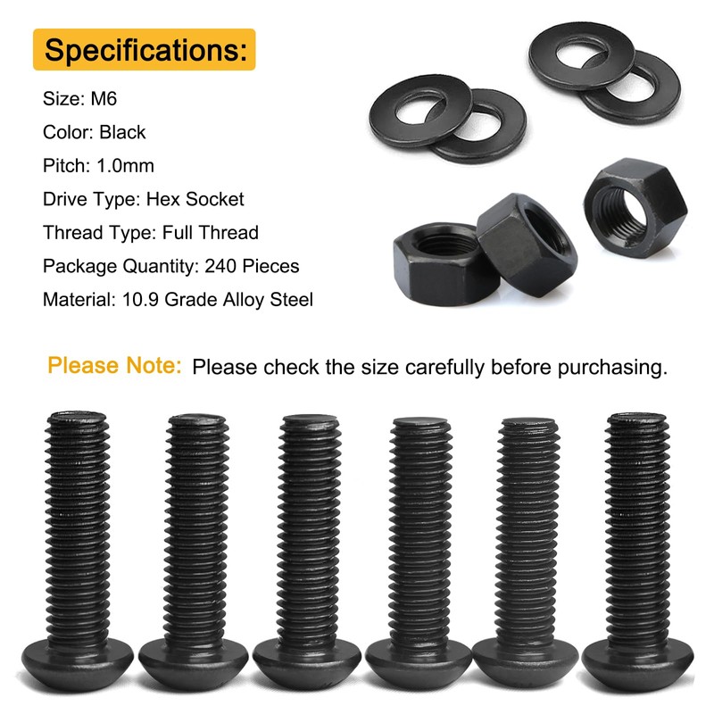 240PCS M6 x 8mm/12mm/16mm/20mm/25mm/30mm Button Head Hex Socket Cap Screws
