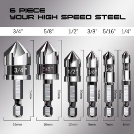 M35 Cobalt Countersink Drill Bit Pro-Grade 6pc Cobalt Countersink Bits Set | 5-Flute Design for Metal/Wood/Stainless Steel/Carbon Steel | Auto Repair & Marine Use | 1/4 Inch Quick Change Hex Shank