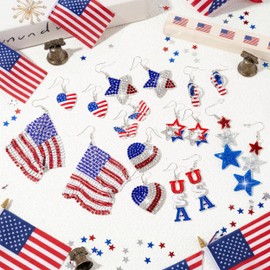 Y1tvei Patriotic 4th of July Glitter Earrings for Women - 9 Pairs American Flag Dangle Drop Earrings Heart Star USA Jewelry Red White Blue Metal Hooks Ear Accessories Gifts for Independence Day