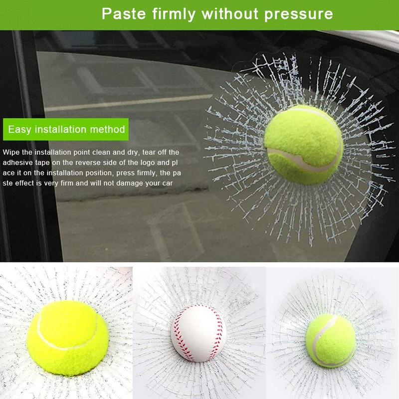 3D Simulation Tennis Break Glass Car Window Sticker, Baseball Broken