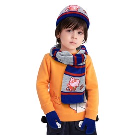 Gifts Treat Boys Beanie Hat Scarf Gloves Set Winter Bobble Hat Neckerchief Knit Mittens for Kids Children Toddler, 2-6Y, Blue Grey