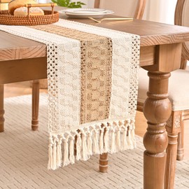Aisybaklyn Tischläufer Braun Boho Deko Makramee Winter Table Runner Bauernhaus Tisch Läufer Landhausstil mit HäkelHäkelspitze Quasten Tischlaufer für Urlaub Party Hochzeit Küche Tischdeko,