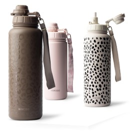 MAMEIDO Thermos Flask with Straw, 1.2 L, Leak-Proof Drinking Bottle, Stainless Steel Insulated, Water Bottle BPA-Free with Carry Strap, Water Bottle Sport (Wild Allure, 1200 ml)