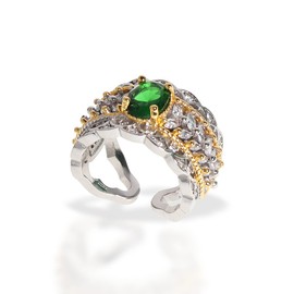 Sonateomber Italian Emerald Thick Band Adjustable Open Gold Silver Ring for Women - Sparkly Simulated Diamond Cubic Zirconia Fashion Costume Grandma Mother’s Day Love Promise Costume Jewelry Gift