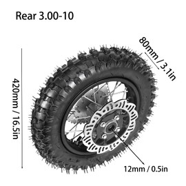 REBEKAMODS 3.00-10 Rim Tube Tire, Rear Wheels Rims Tires with 12mm Bearing for CRF50 XR50 SSR 50cc 110cc 125cc Dirt Pit Bike, 1.6-10 Alloy Aluminum Rim, 420 Sprocket, 190mm Rear Disc Brake
