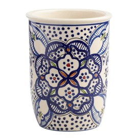 wm Tunis Utensil Caddy - Utensil Crock Utensil Organizer - Ceramic Utensil Holder Large Sturdy Hand Crafted and Painted Blue and white North African Design - Kitchen Cooking Utensil Holders