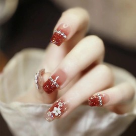 Nail Tips, Short, Set of 24, Fake Nails, Medium, Red, Gradient, 3D Nail Stickers, Pearls, Gold Foil, Flowers, Nails, Tips, Popular, Japanese Style, Cute, Simple, Fashionable Party, Autumn, Winter, Spring and Summer, Can be Used for Everyday Use, Bride Nails, Coming-of-Age Ceremonies, Graduation, Wedding, Double-Sided Tape Included