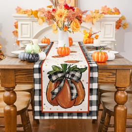 Siilues Fall Table Runner, Fall Decorations for Home Pumpkin Fall Runner for Table Seasonal Buffalo Plaid Fall Thanksgiving Holiday Decor for Indoor Outdoor Dining Table Decorations (13" x 108")