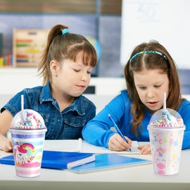 Forreen Drinking Cup with Lid and Straw, Water Bottle Kids Double-Walled Reusable Cute Unicorn Drinking Bottle for Drinks, Juices, Milk Tea (380 ml) (Rainbow)