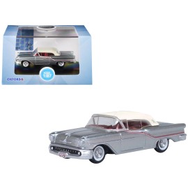 DCD 1957 Oldsmobile 88 Convertible 1/87 HO Scale Diecast Model Car Juneau Gray with White Top Red Interior Doors Open Function
