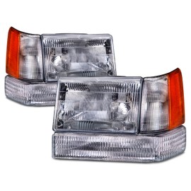 HEADLIGHTSDEPOT Chrome Housing Halogen Headlights Compatible With Jeep Grand Cherokee 1993-1996 Includes Left Driver and Right Passenger Side Headlamps 6 Piece Set