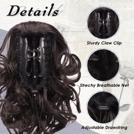 FESHFEN Ponytail Hair Pieces, Short Curly Wavy Hair Clip, Braid Extension, Claw Clip, Synthetic Wavy Ponytail Hair Extension for Women, Dark Brown, 25 cm