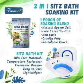 Fivona 2-in-1 Sitz Bath Soak Kit Over The Toilet Seat with Epsom Salt with Essential Oils Blend for Hemorrhoids and Postpartum Care Ideal for Perineal Soaking and Fast Irritation Relief