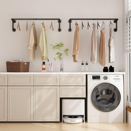 WTPLWD Industrial Pipe Clothes Racks 2 Pack, Black Pipe Wall Mounted Clothing Racks for Hanging Clothes, Space Saving Closet Hanging Rod for Laundry Room, Bedroom