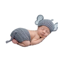 Vemonllas Newborn Photography Props Outfit Boys Girls Elephant Hat Bonnet & Shorts Baby Photo Props Crochet Knitted Costumes (Light Gray)