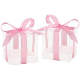 Hxezoc 50 Pack Favor Boxes 2x2x2 Inches Clear Candy Treat Boxes with Pink Ribbons, Mini Plastic Gift for Wedding, Birthday Party, Baby Shower, Classroom Decoration Supplies