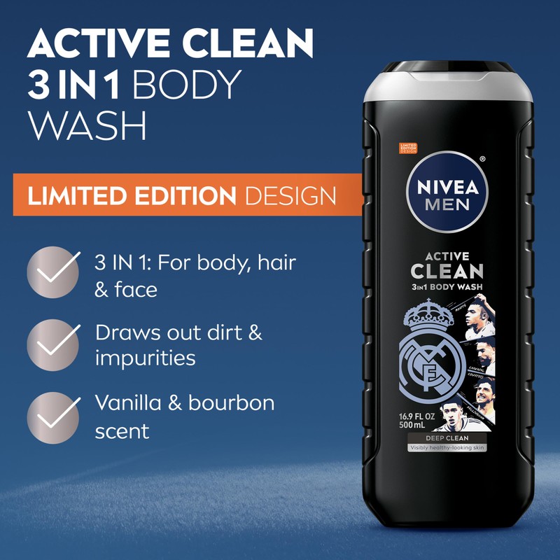 NIVEA MEN Active Clean Body Wash with Natural Charcoal for