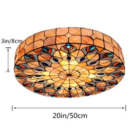 Vintage Tiffany Ceiling Light Hand-Made Colorful Chandelier Flush Mount Lighting Fixture, Lampshade with Colorful Design Decor (20 Inch)