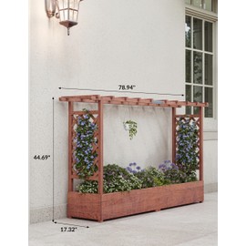 Arched Trellis Garden Planter with Hanging Roof - Elevated Wooden Raised Bed for Climbing Vines, Features Side Supports & 4 Drainage Holes - Above Ground Outdoor Planter Box, 79"x17"x45"