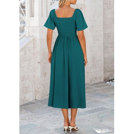PRETTYGARDEN Summer Dress for Women 2025 Casual Short Sleeve Bow Tie V Neck Ruffle Midi Flowy Dresses (Malachite Green,X-Large)