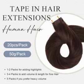 Originea Tape-In Real Hair Extensions, 20 Pieces, 50 g, 55 cm, Dark Brown Tape Extensions, Real Hair, Invisible Tape-In Extensions, Real Hair, Silky Skin Weft Tape Ins #2