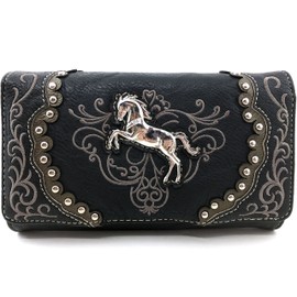 Justin West Horse Floral Embroidery Square Stud Wristlet Trifold Wallet Attachable Long Strap (Black)
