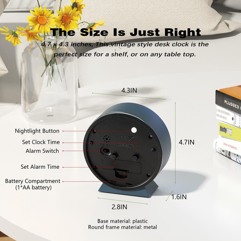 AYRELY® 4.5" Analog Alarm Clock,Small Retro Desk Clock Battery Operated,Slient