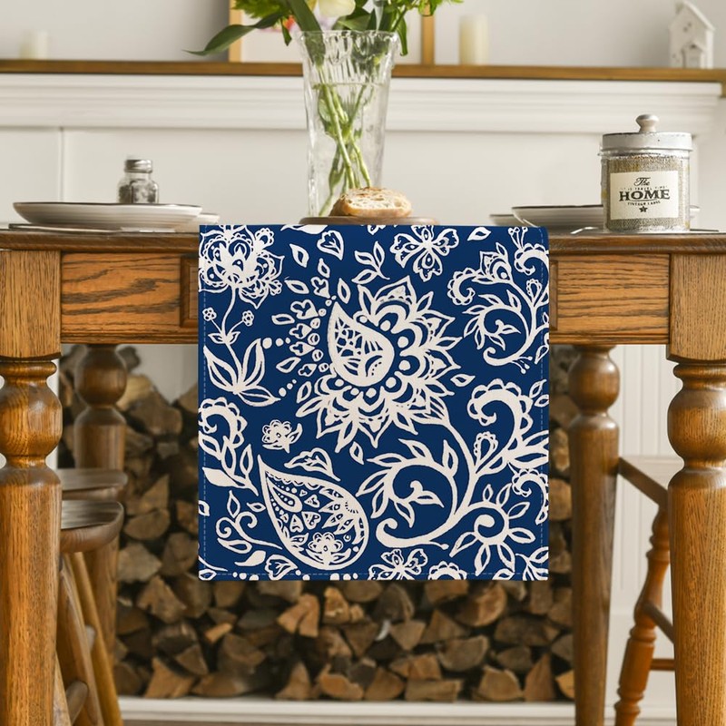 Artoid Mode Blue Floral Paisley Table Runner, Seasonal Spring Kitchen