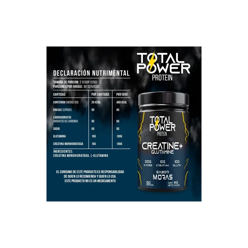 Creatina Glutamina Total Power 1kg 50servicios Pre Entreno