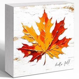 WUZYOU Maple Leaves Hello Fall Retro Sign, Funny Autumn Inspirational Desk Decor Wood Box Sign, Country Farmhouse Shelf Table Desk Decoration 5x5x1 INCH