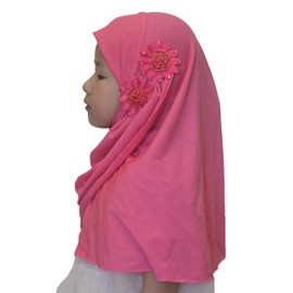 Modest Beauty Girls Muslim Hijab Arab Scarf Islamic Flowers Headscarf for Kids, Rose Red-2 Flowers, age 2-6