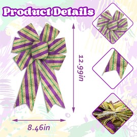 2pcs Mardi Gras Wreath Bows, Green Gold Glitter Bows for Wreath for Carnival Party Decorative Bows Purple Sequins Metallic Sparkle Stripe Mardi Gras Bows for Front Door Indoor Outdoor Decorations