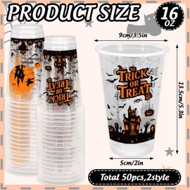 50Pcs 16Oz Halloween Plastic Cups Trick or Treat Witch Castle Pumpkin Bat Disposable Clear Cup for Spooky Holiday Birthday Party Supplies