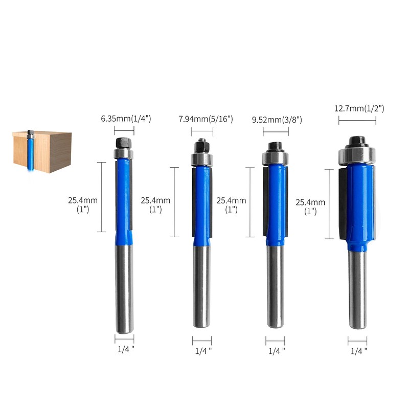Dapetz ® 4Pc Flush Trim Router Bit Set Bottom Bearing